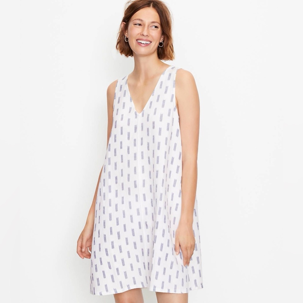 LOFT Sleeveless Mini Shift Dress Linen Blend Size Large White Blue Print